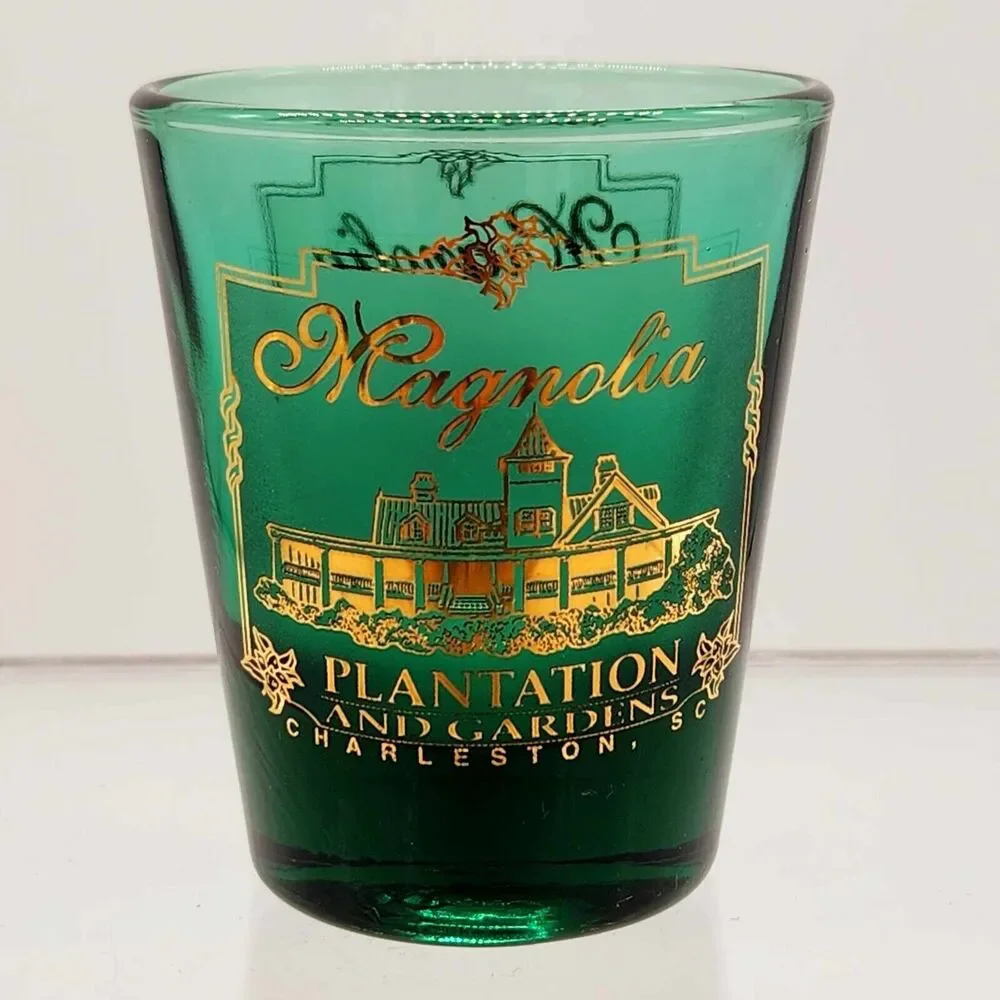 Magnolia Plantation Green & Gold Shot Glass Charleston SC Collectible Souvenir